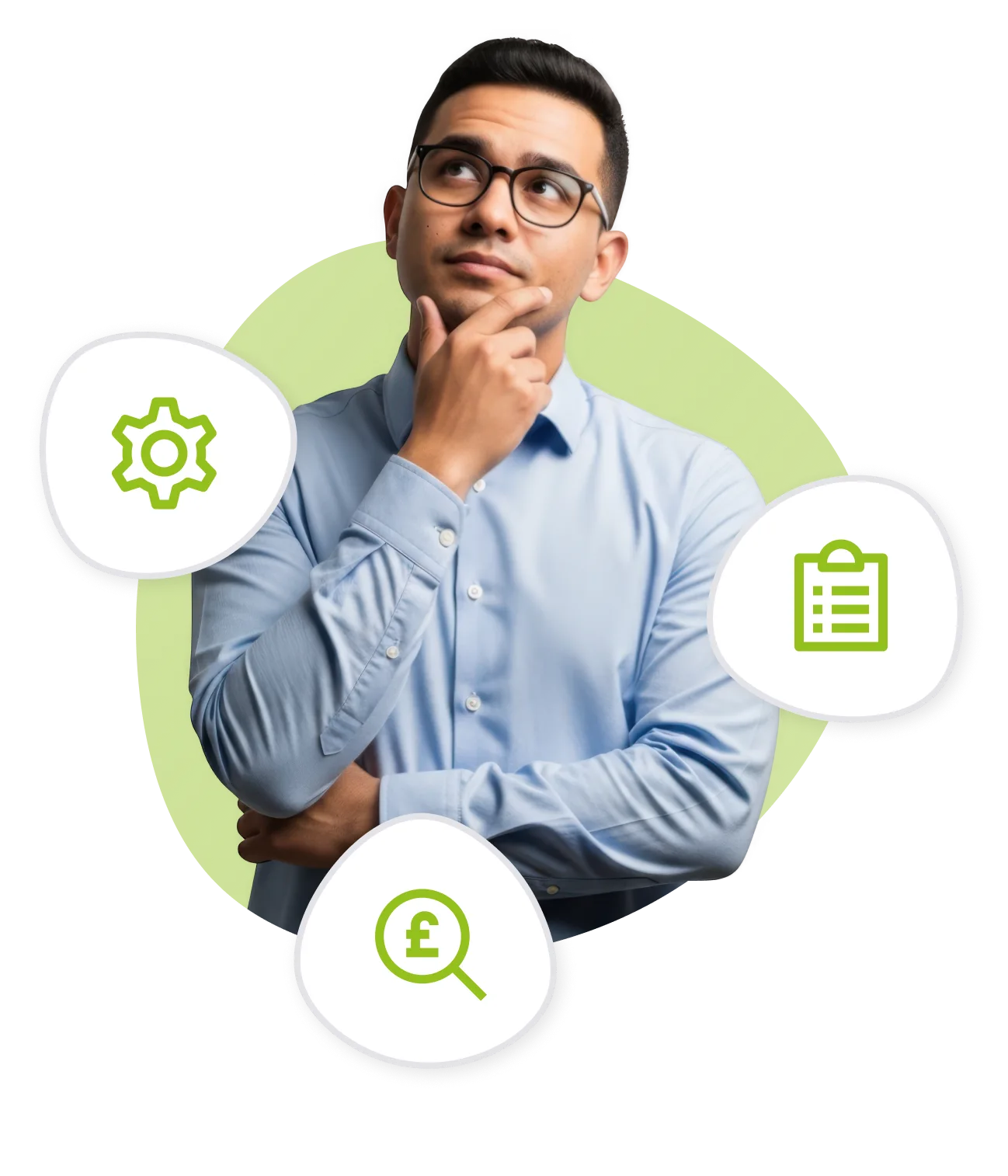 Person thinking, surrounded by icons for settings, checklists and cost