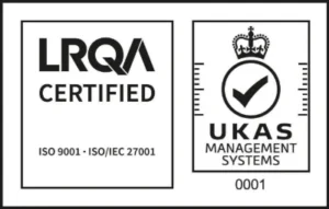 LRQA certified to ISO 9001 and ISO/IEC 27001, with the UKAS Management Systems accreditation mark